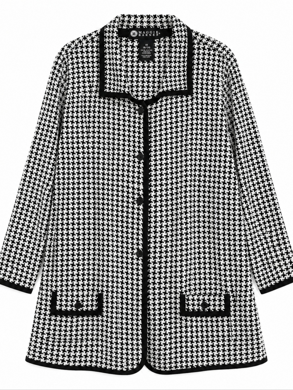 Houndstooth Knit Cardigan 1X Black White Button Front Classic Chic Sweater